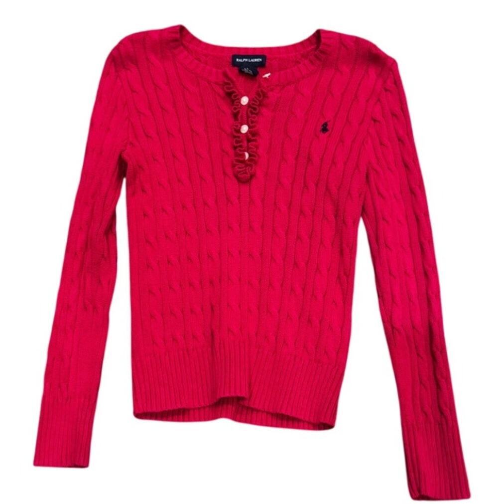 Girls Ralph Lauren POLO Pink Cable Knit Ruffle Front Sweater Top Size L (12/14)